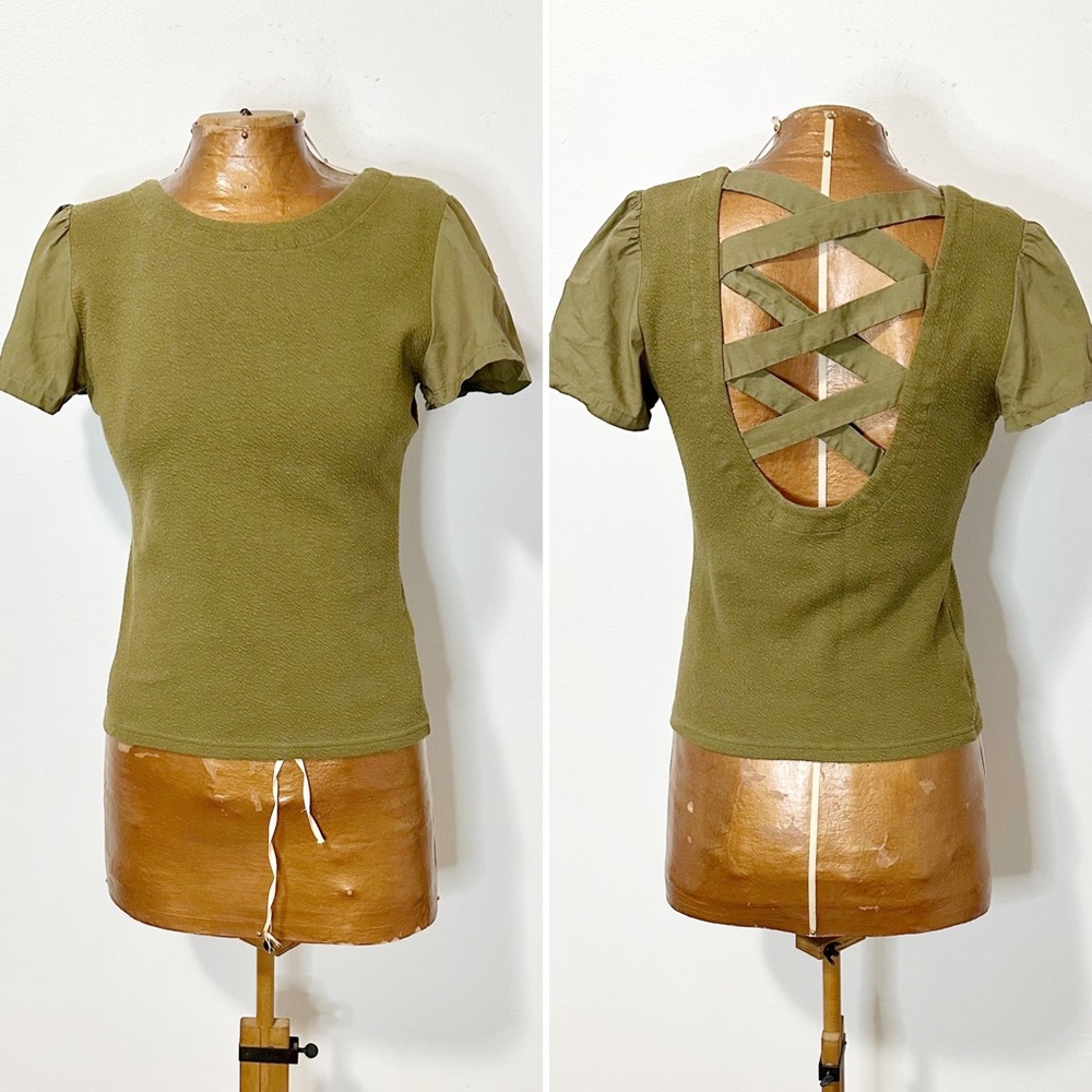 Anthropologie Olive Green Criss Cross Back Fitted Top Size extra small